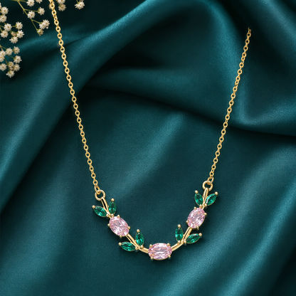 Pink & Emerald Crystal Floral Gold-Tone Necklace for Women