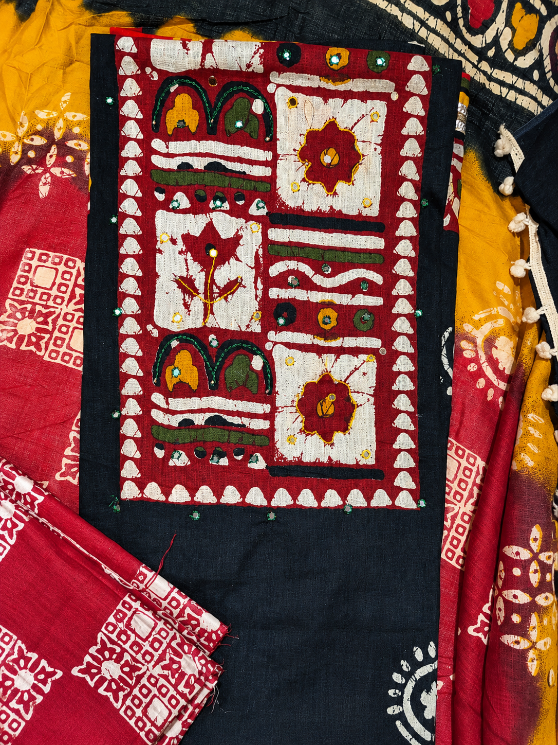 Handcrafted Printed Cotton Suit Set with Artistic Neck Panel & Matching Dupatta