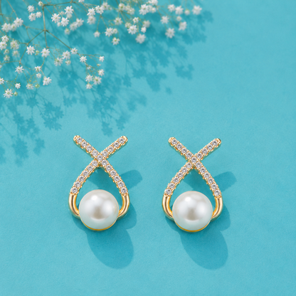 Pearl Cross Stud Earrings for Women | Crystal Pearl Designer Earrings | Gold Tone Earrings