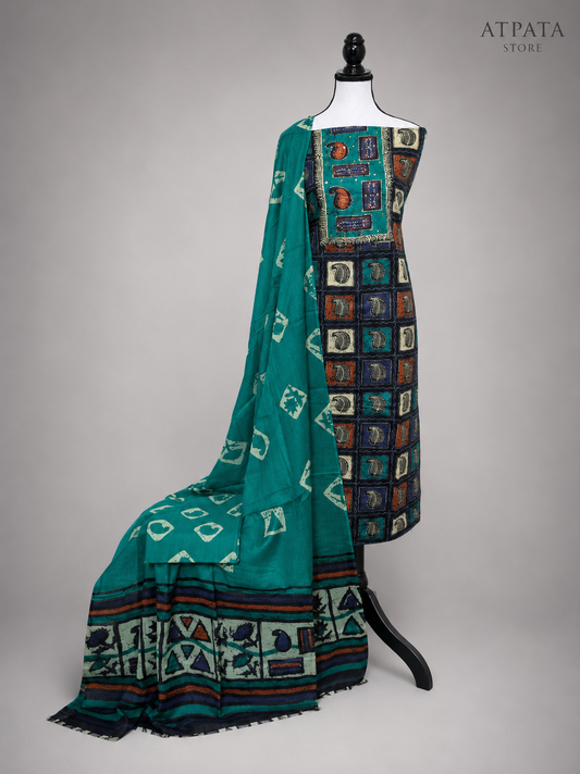 Teal Blue Geometric Print Unstitched Salwar Suit with Designer Dupatta