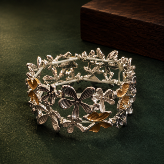 Elegant Dual Tone Floral Bracelet for Women | Premium Flower Design Openwork Bangle