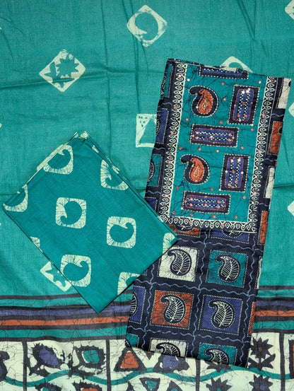 Teal Blue Geometric Print Unstitched Salwar Suit with Designer Dupatta