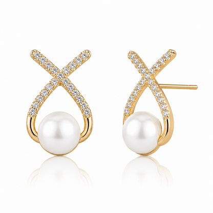 Pearl Cross Stud Earrings for Women | Crystal Pearl Designer Earrings | Gold Tone Earrings