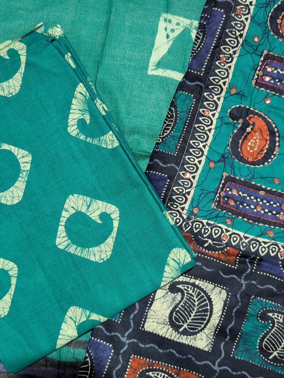 Teal Blue Geometric Print Unstitched Salwar Suit with Designer Dupatta