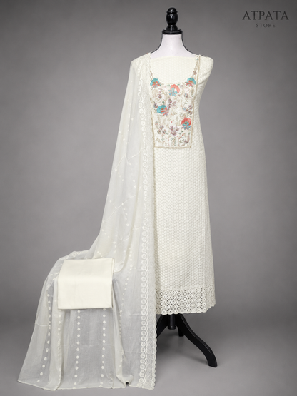 Ivory Floral Embroidered Unstitched Salwar Suit with Cotton Dupatta
