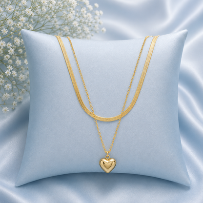 Gold Layered Heart Pendant Necklace – Double Chain Herringbone & Heart Charm Necklace
