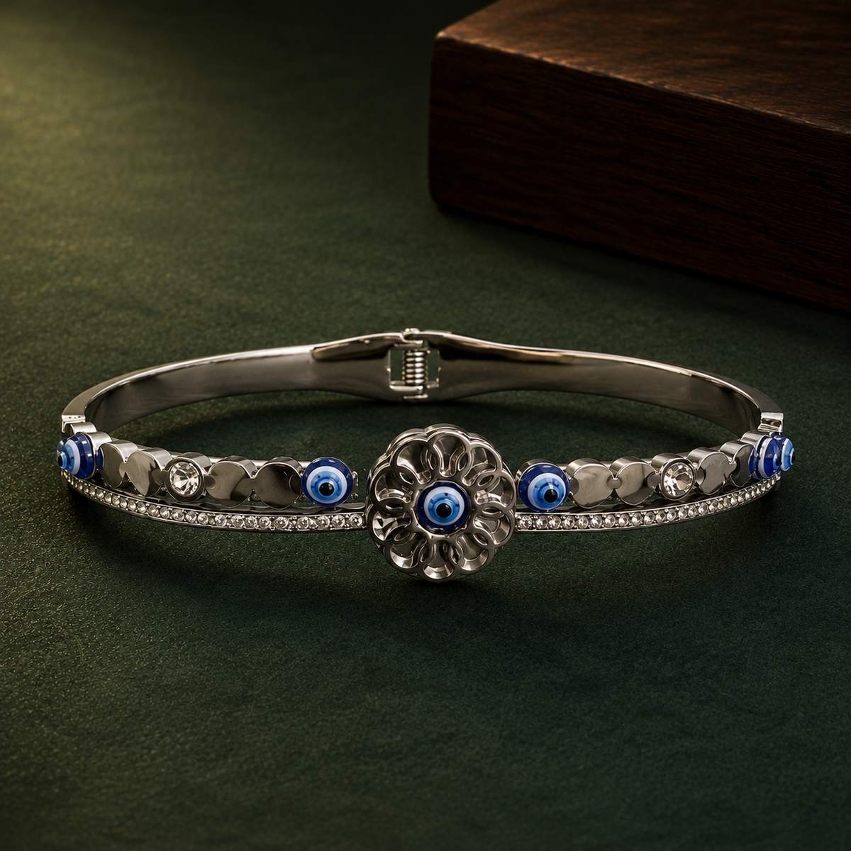 Silver Evil Eye Floral Bracelet for Women | Crystal Studded Protective Charm Bangle