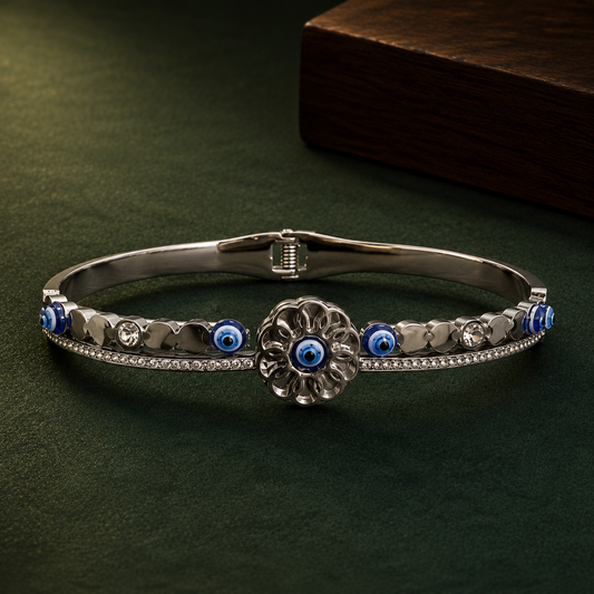 Silver Evil Eye Floral Bracelet for Women | Crystal Studded Protective Charm Bangle