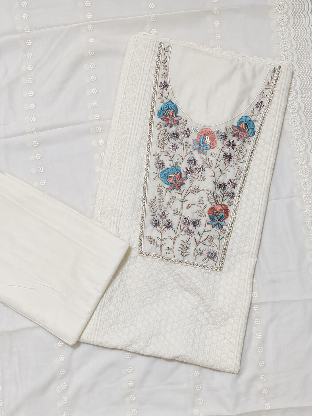 Ivory Floral Embroidered Unstitched Salwar Suit with Cotton Dupatta