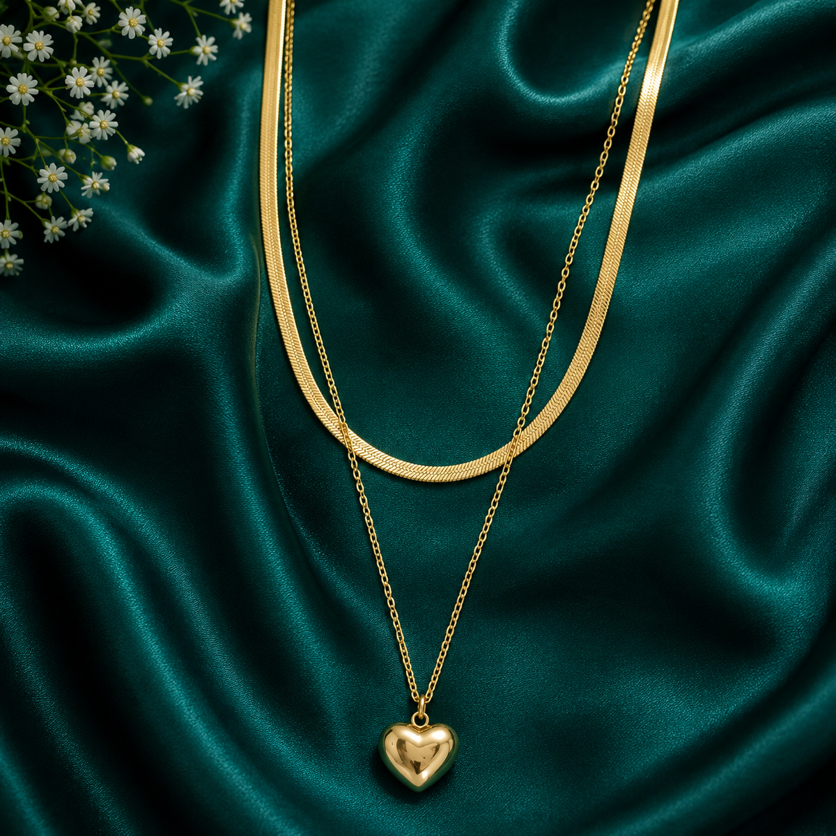 Gold Layered Heart Pendant Necklace – Double Chain Herringbone & Heart Charm Necklace