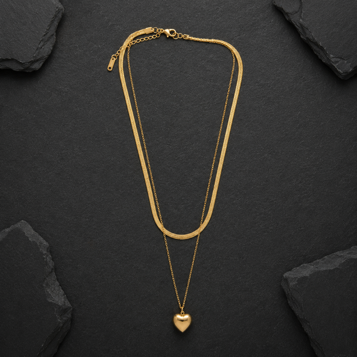 Gold Layered Heart Pendant Necklace – Double Chain Herringbone & Heart Charm Necklace