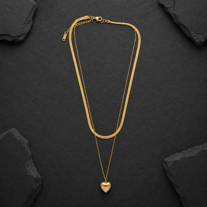 Gold Layered Heart Pendant Necklace – Double Chain Herringbone & Heart Charm Necklace