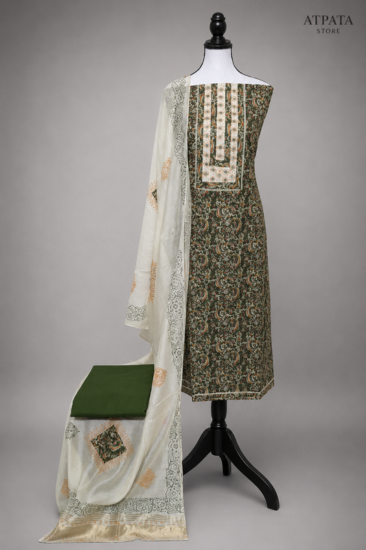 Olive Green Floral Print Unstitched Salwar Suit with Mirror Work Neck Design