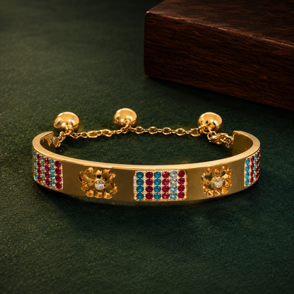 Gold Tone Charm Bracelet for Women | Multicolor Stone Studded Adjustable Bangle with Heart Charms