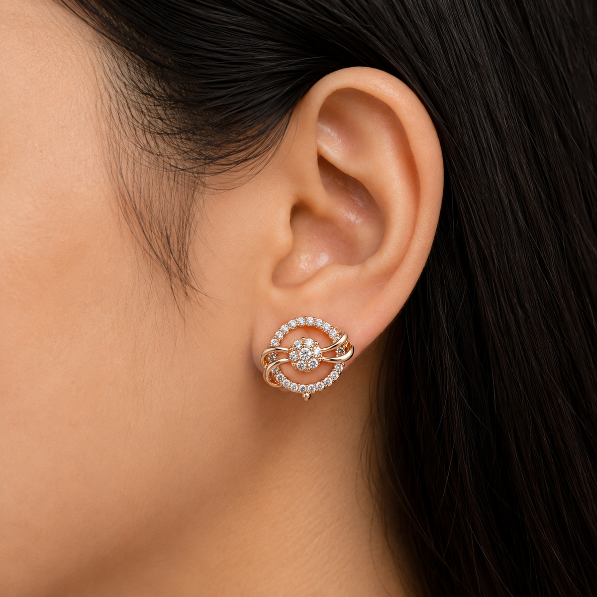 Elegant Floral Circle Stud Earrings for Women | Gold Plated Crystal Stud Earrings | Party & Wedding Jewellery