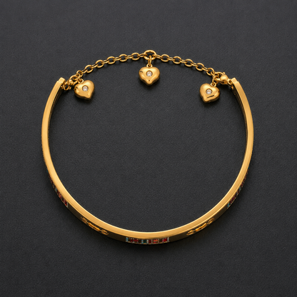 Gold Tone Charm Bracelet for Women | Multicolor Stone Studded Adjustable Bangle with Heart Charms