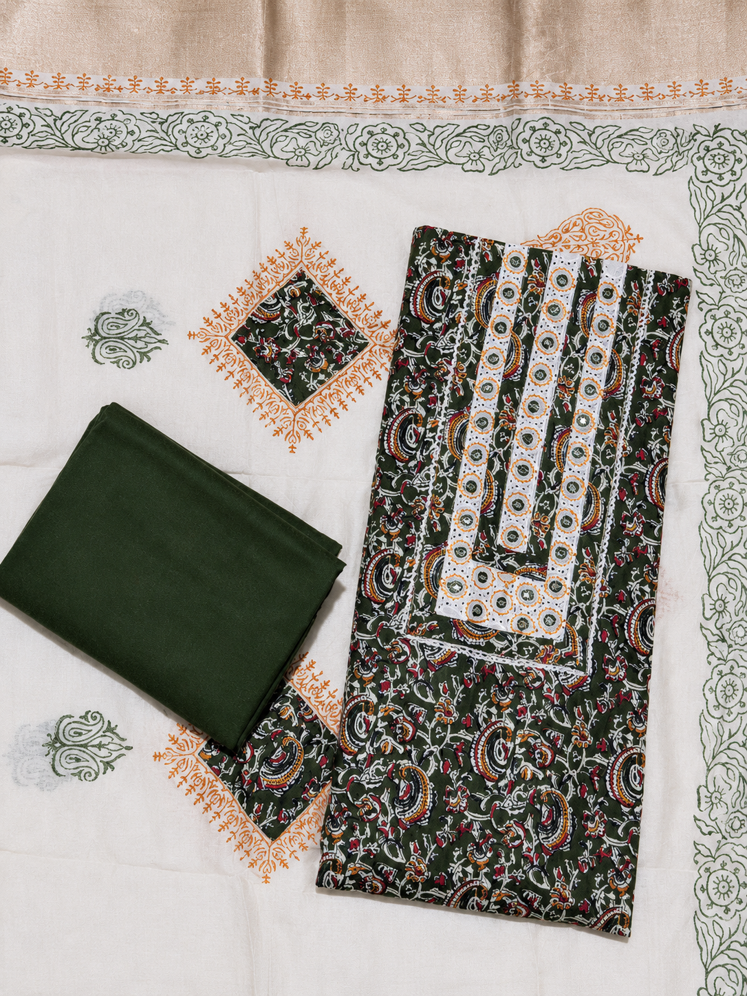 Olive Green Floral Print Unstitched Salwar Suit with Mirror Work Neck Design