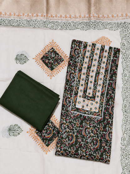 Olive Green Floral Print Unstitched Salwar Suit with Mirror Work Neck Design