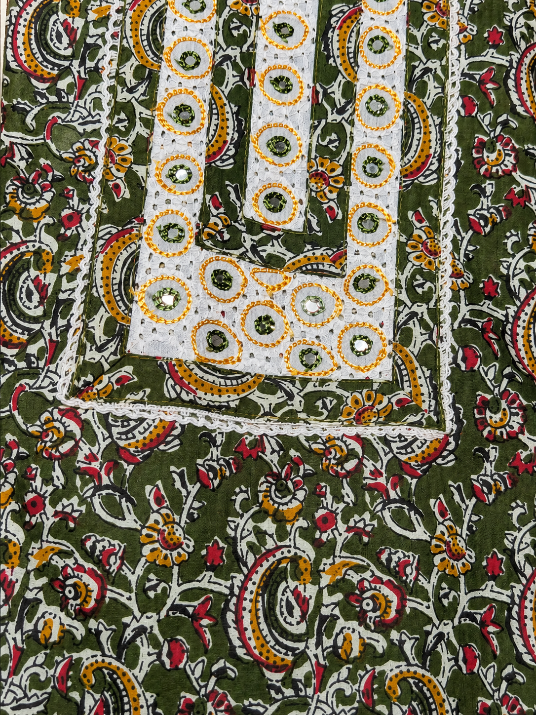 Olive Green Floral Print Unstitched Salwar Suit with Mirror Work Neck Design