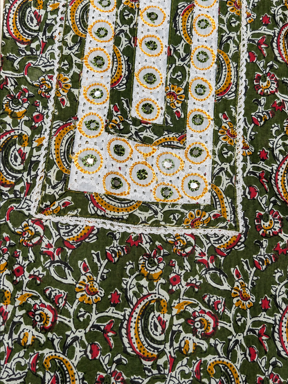 Olive Green Floral Print Unstitched Salwar Suit with Mirror Work Neck Design