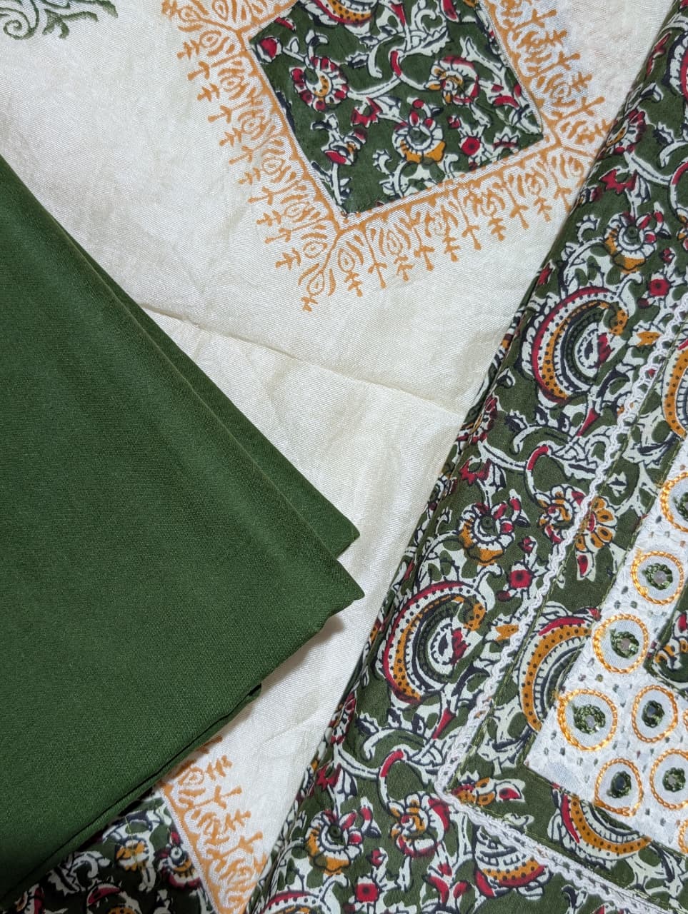 Olive Green Floral Print Unstitched Salwar Suit with Mirror Work Neck Design