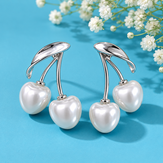Elegant Pearl Cherry Stud Earrings for Women | Silver Tone Heart Pearl Earrings | Cute Korean Style Jewellery
