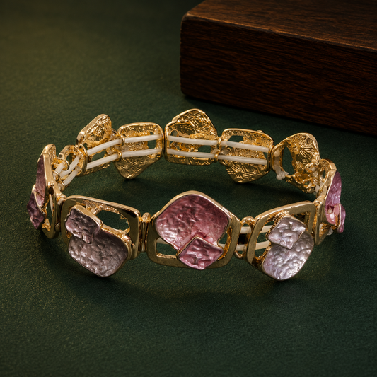 Abstract Geometric Gold Tone Bracelet for Women | Pink Pearl Finish Statement Stretch Bangle