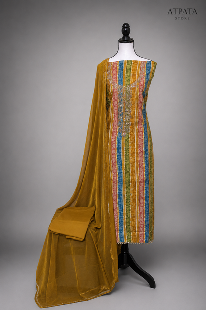Mustard Multicolor Striped Embroidered Unstitched Salwar Suit with Chiffon Dupatta