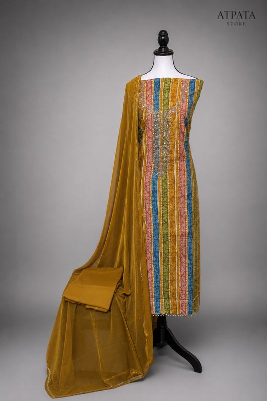 Mustard Multicolor Striped Embroidered Unstitched Salwar Suit with Chiffon Dupatta