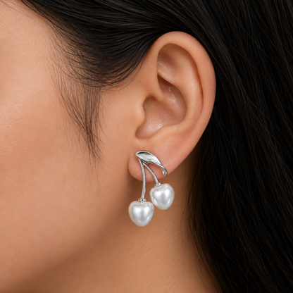 Elegant Pearl Cherry Stud Earrings for Women | Silver Tone Heart Pearl Earrings | Cute Korean Style Jewellery