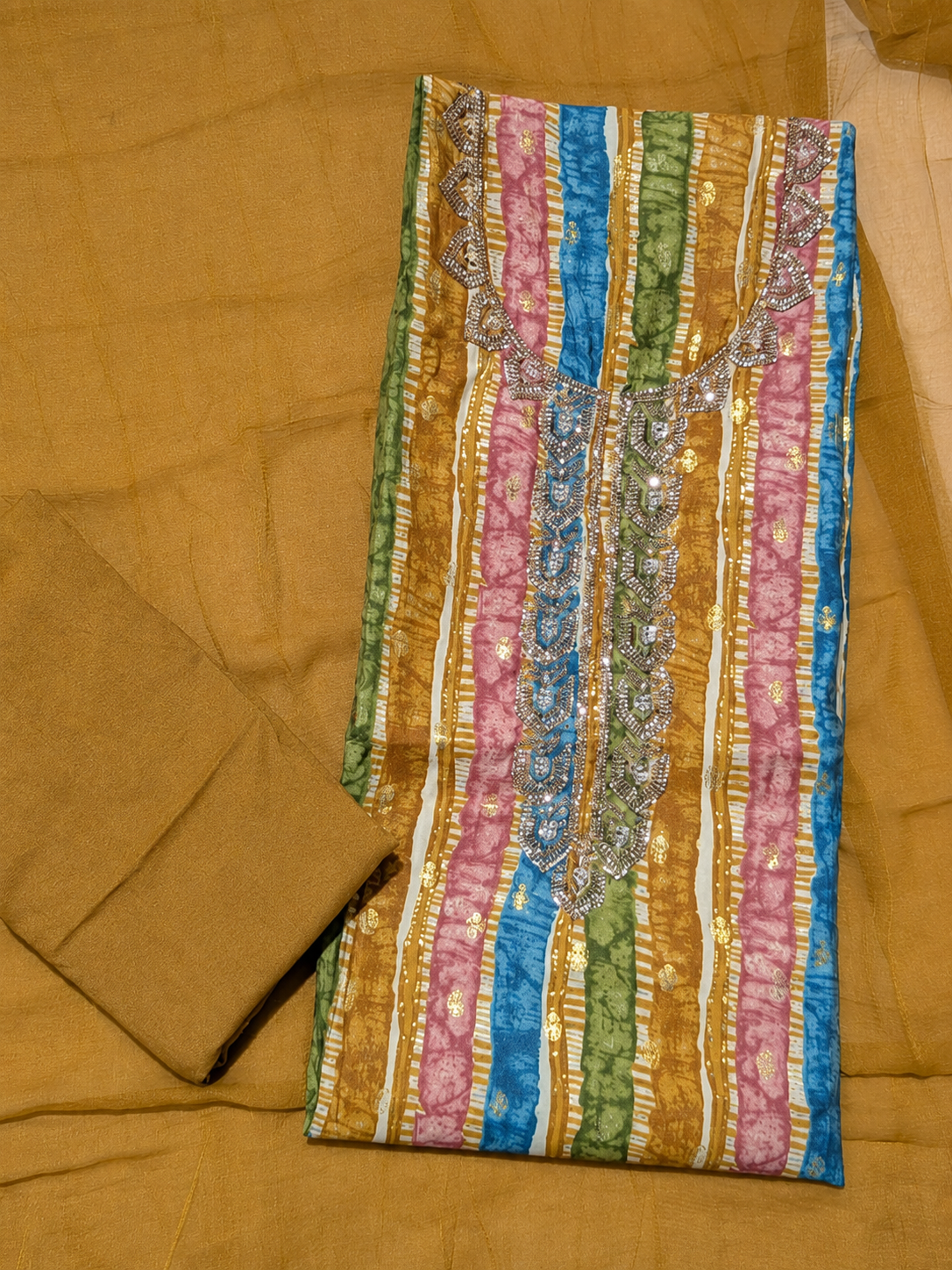 Mustard Multicolor Striped Embroidered Unstitched Salwar Suit with Chiffon Dupatta