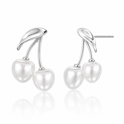 Elegant Pearl Cherry Stud Earrings for Women | Silver Tone Heart Pearl Earrings | Cute Korean Style Jewellery