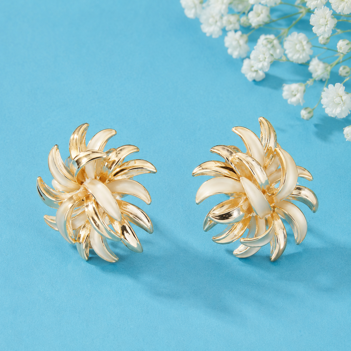 Elegant Floral Enamel Stud Earrings for Women | Gold Tone Statement Flower Earrings | Vintage Party Wear Jewellery