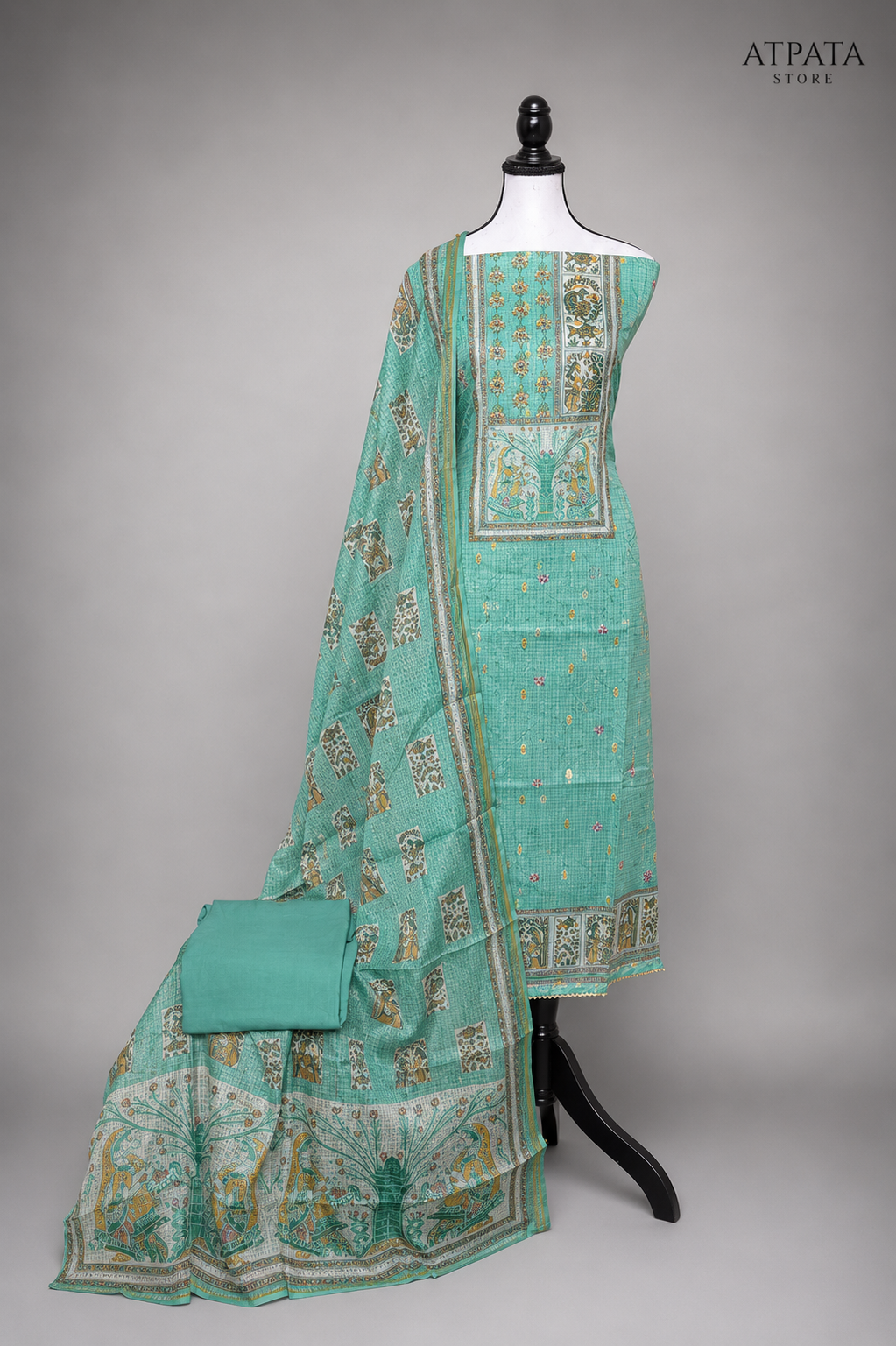 Sea Green Traditional Print Unstitched Salwar Suit with Designer Dupatta
