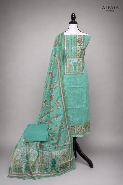 Sea Green Traditional Print Unstitched Salwar Suit with Designer Dupatta