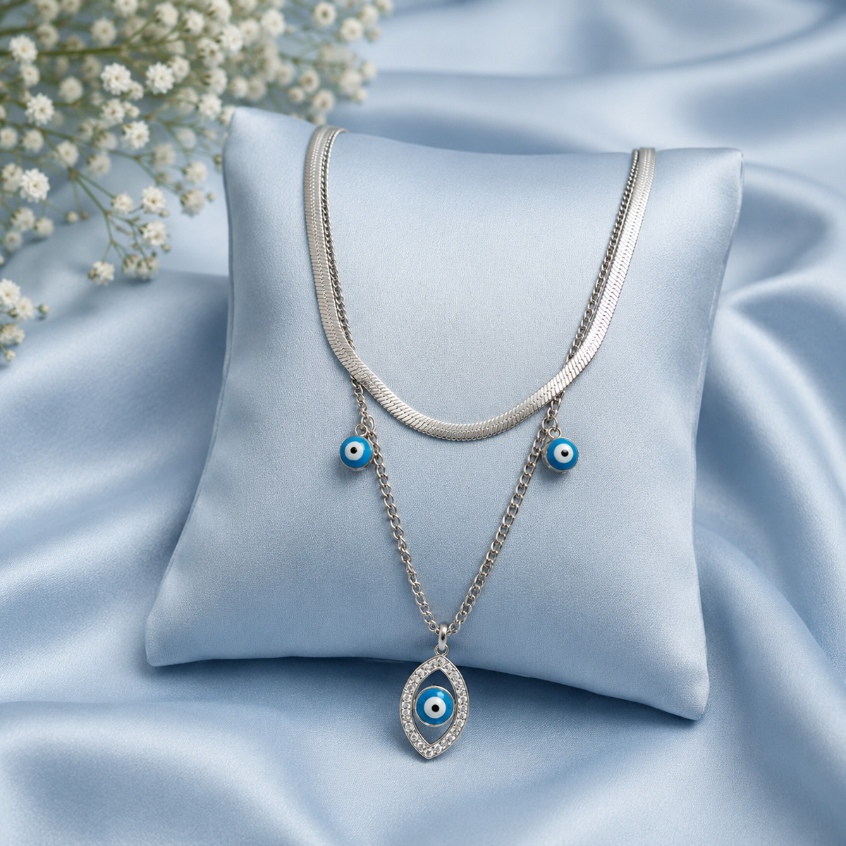 Silver Layered Evil Eye Pendant Necklace