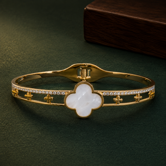 Gold Clover Charm Bracelet for Women | Crystal Studded Double Band Designer Bangle