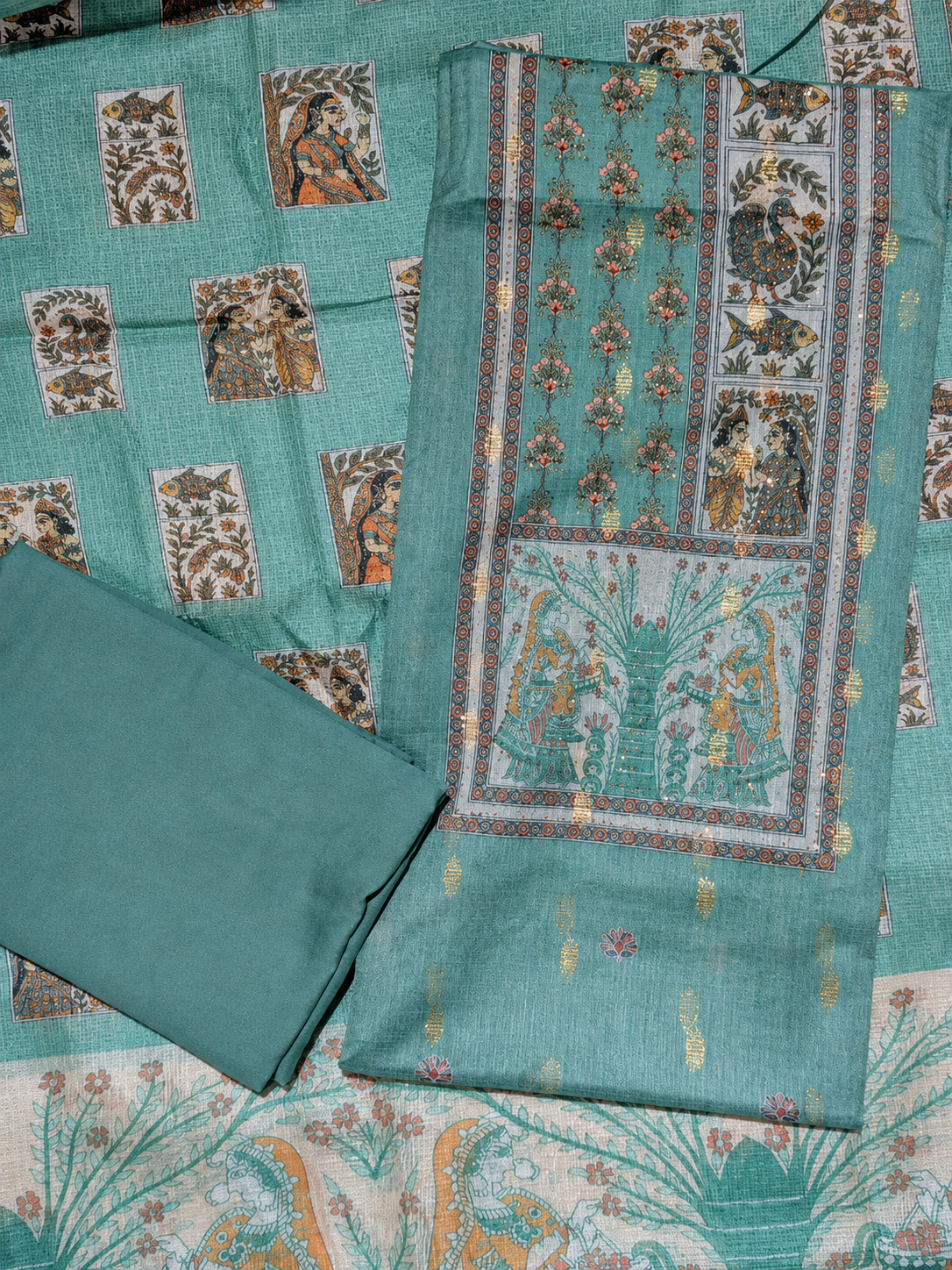 Sea Green Traditional Print Unstitched Salwar Suit with Designer Dupatta