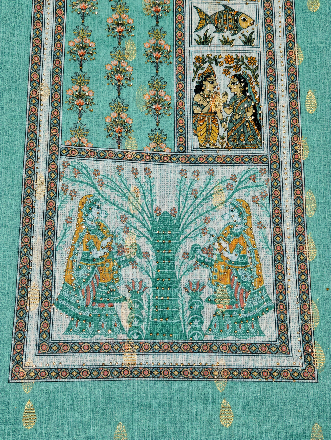 Sea Green Traditional Print Unstitched Salwar Suit with Designer Dupatta