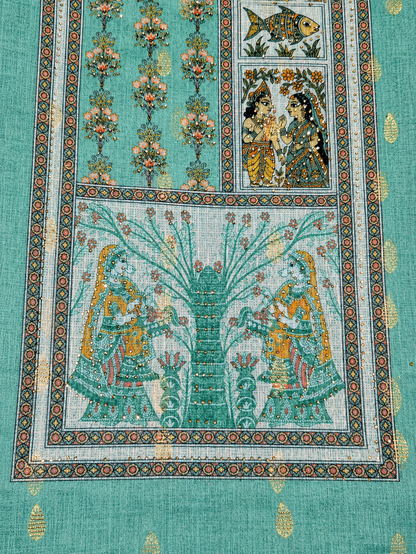 Sea Green Traditional Print Unstitched Salwar Suit with Designer Dupatta