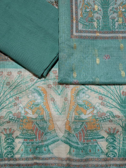 Sea Green Traditional Print Unstitched Salwar Suit with Designer Dupatta