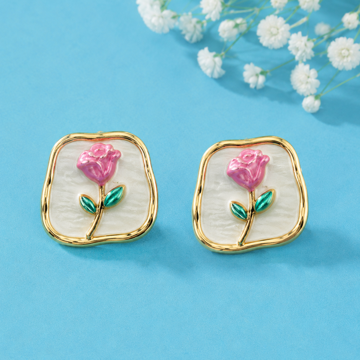 Elegant Rose Floral Enamel Stud Earrings for Women | Gold Tone Vintage Flower Earrings | Cute Party Wear Jewellery