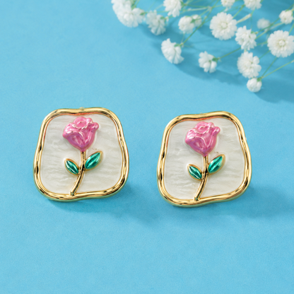Elegant Rose Floral Enamel Stud Earrings for Women | Gold Tone Vintage Flower Earrings | Cute Party Wear Jewellery