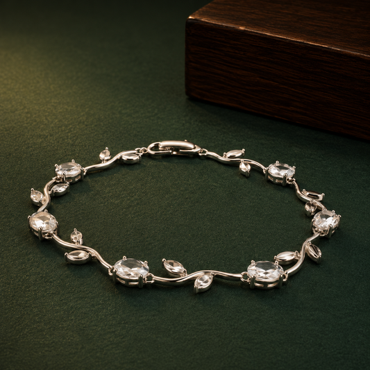 Silver Crystal Leaf Tennis Bracelet for Women | Elegant Zircon Stone Designer Bracelet