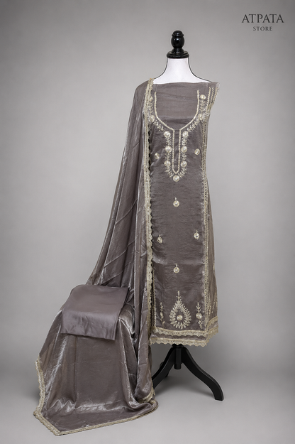 Steel Grey Embroidered Unstitched Salwar Suit with Designer Dupatta