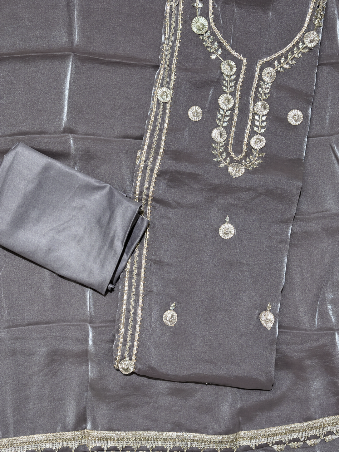 Steel Grey Embroidered Unstitched Salwar Suit with Designer Dupatta