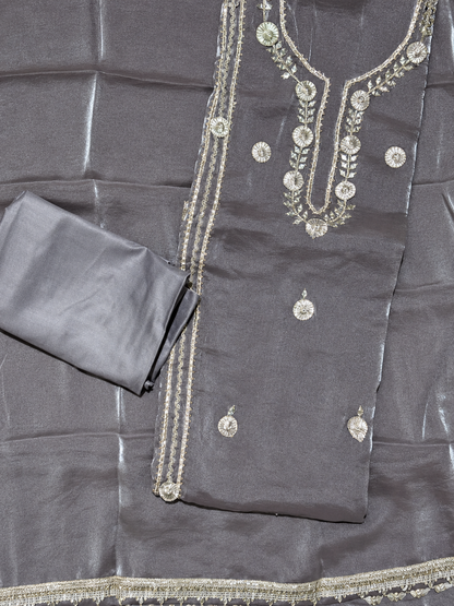 Steel Grey Embroidered Unstitched Salwar Suit with Designer Dupatta