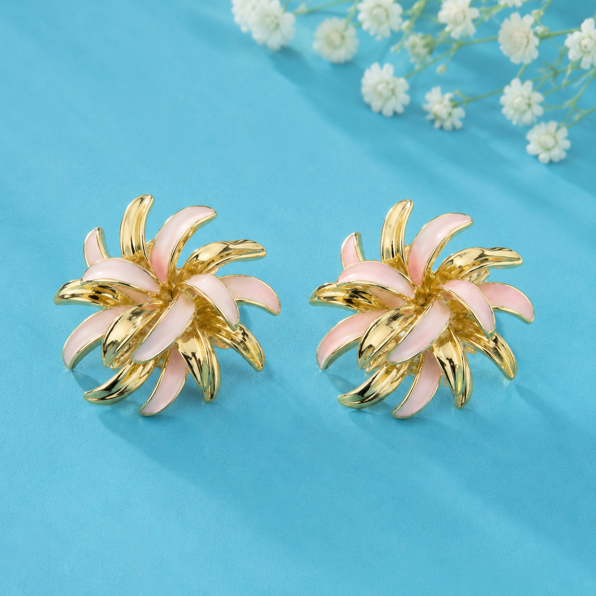 Elegant Pink Floral Enamel Stud Earrings for Women | Gold Tone Statement Flower Earrings | Vintage Party Wear Jewellery