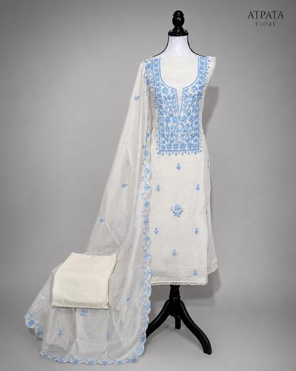Ivory White Blue Embroidered Unstitched Salwar Suit with Elegant Dupatta