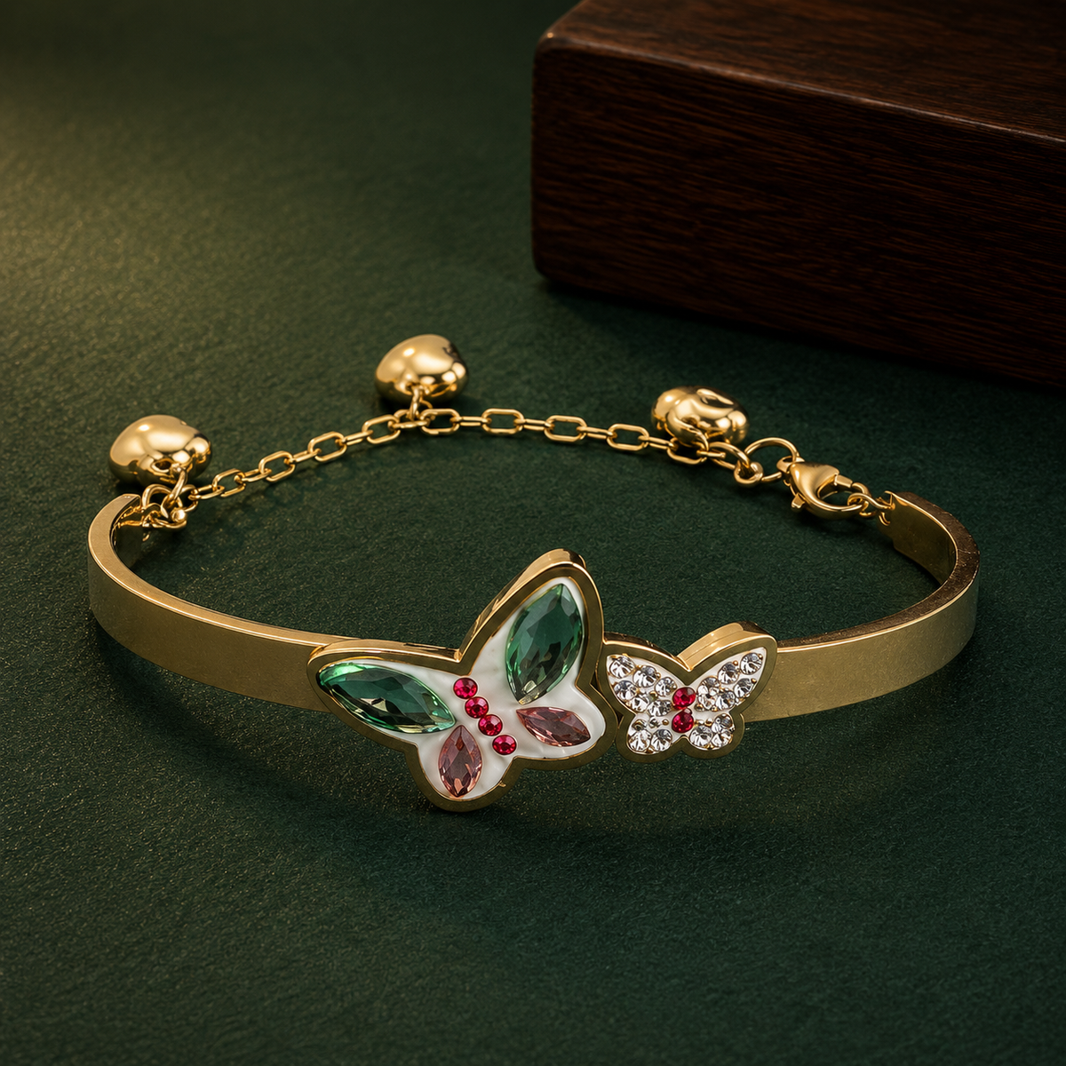 Gold Tone Butterfly Charm Bracelet for Women | Multicolor Crystal Designer Adjustable Bangle